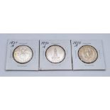 Three Silver German 5 Mark Coins. 1934A, 1935A and 1937A. Very high grade but please see photos.
