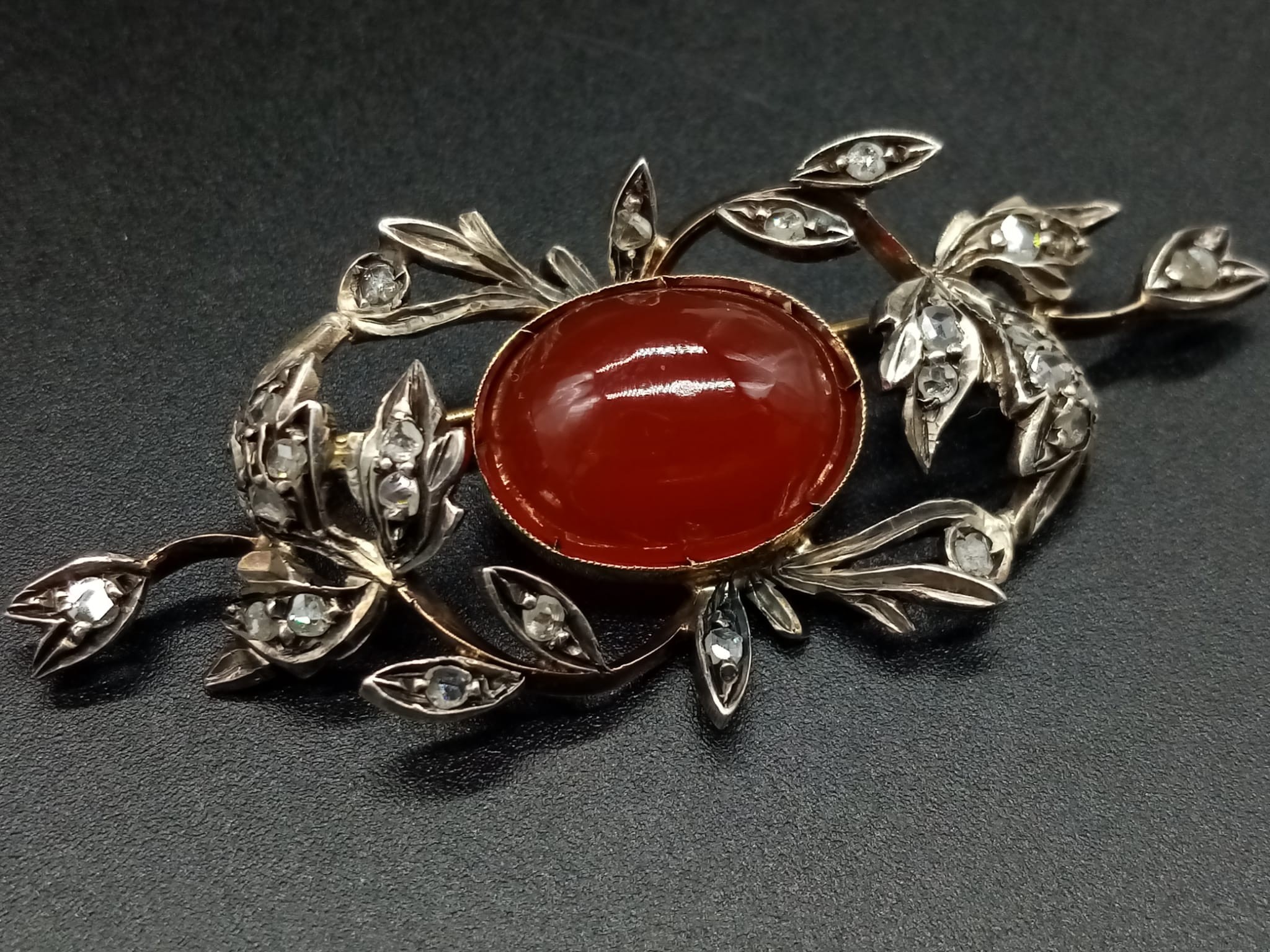 An Antique Victorian 15K Yellow Gold Rose Cut Diamond Carnelian Brooch. Large central cut - Image 8 of 14