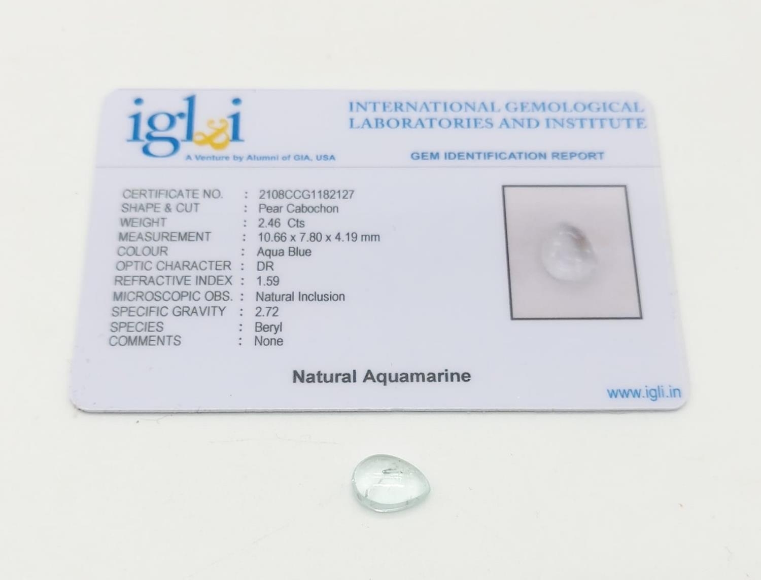 2.46cts Natural Aquamarine. Pear cabochon. GLI certified. - Image 6 of 6