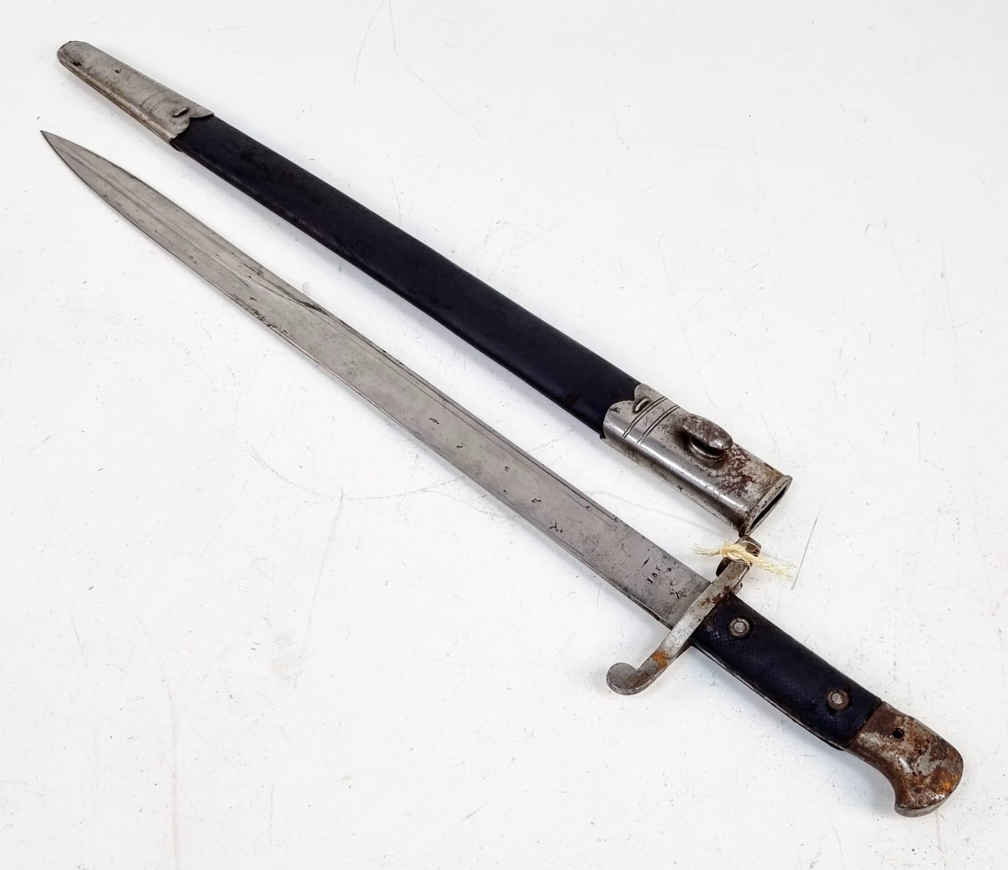 A British 1888 MKII Sword Bayonet with Scabbard. Markings on blade. In fair/good condition but