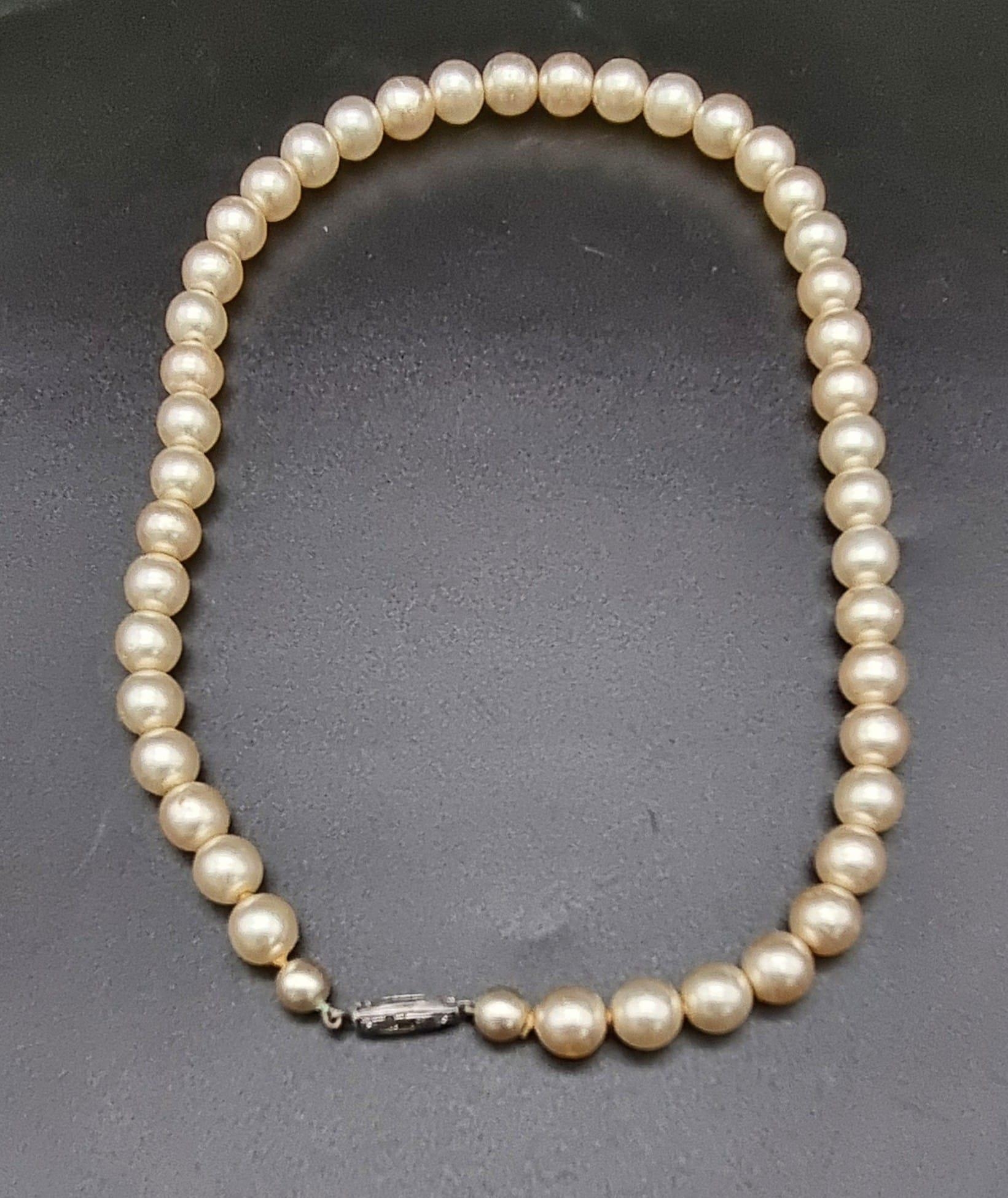 Vintage Sterling Silver and Marcasite Clasp Pearl Necklace 36cm Length in Box.