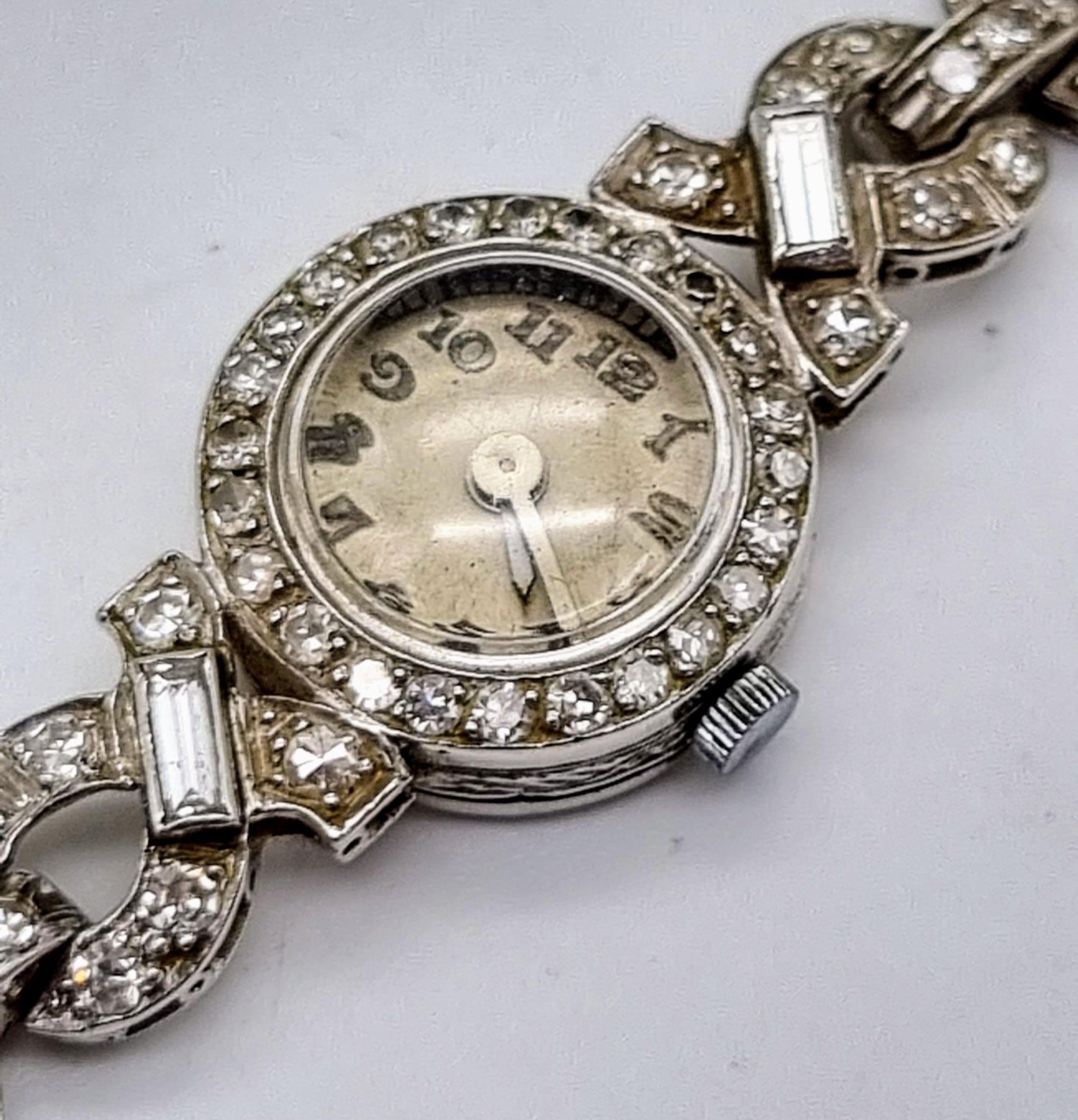 An Antique 14K White Gold and Diamond Ladies Watch. Art Deco Style with a gold and diamond bracelet. - Image 4 of 7