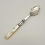 A Deykin & Harrison (1895-1935) Silver Spoon with Mother of Pearl Handle, detailed engraving with