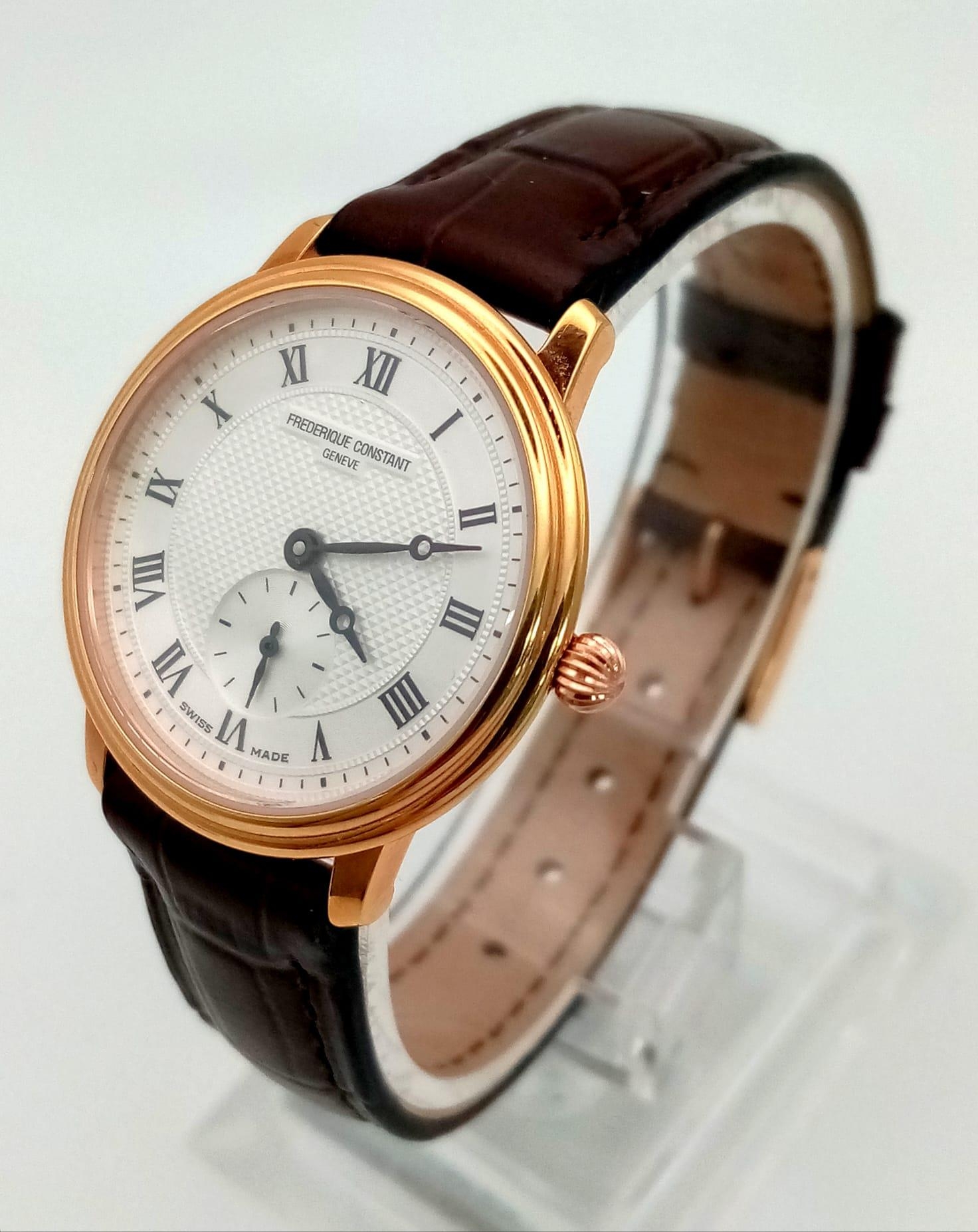 A Frederique Constant Ladies Slimline Watch. Brown leather strap. Gold plated case - 28mm. White - Image 2 of 4