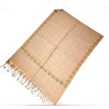 A Soft luxurious Pasmina hand-feel pure Beige wool scarf embellished with gold crystals. Tassels