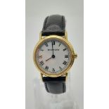 LADIES TIFFANY & CO 18K GOLD WRIST WATCH WITH ORIGINAL TIFFANY BLACK LEATHER STRAP, QUARTZ MOVEMENT.