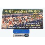 A Mappin and Web silver plated Queens coronation spoon and a cardboard coronation standup model of