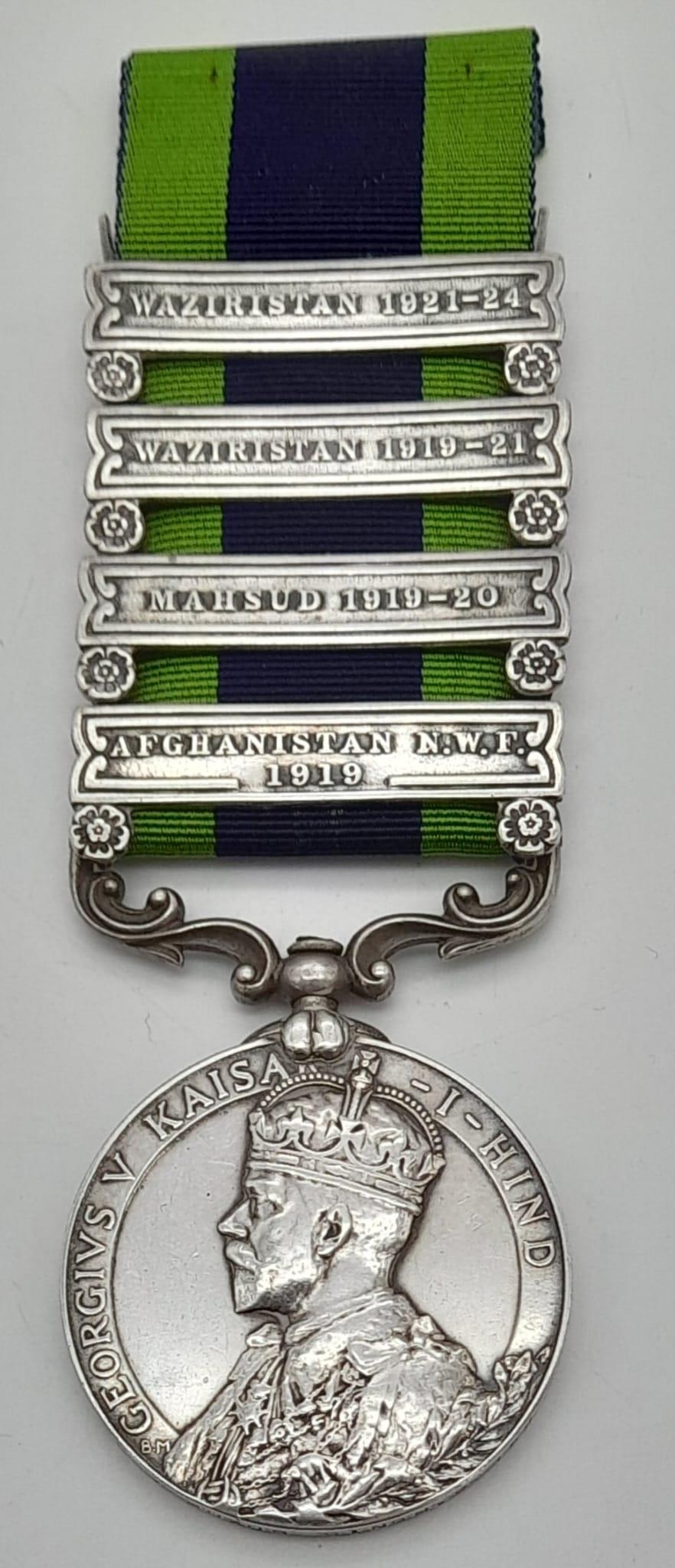 India General Service Medal 1908 with four clasps: Afghanistan NWF 1919, Mahsud 1919-20,