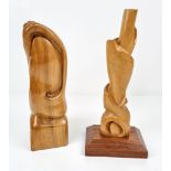 Two Hand-Carved Abstract Wooden Sculptures. Makers mark on base. Largest piece - 49cm.