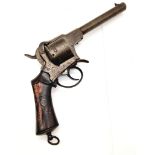 An Antique Belgian Jongen Freres Pinfire Six Shot Revolver. 14.5cm barrel. Two piece wood grip.