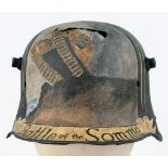 WW1 German M16 Stahlhelm found on the Somme. With post war memorial painting.