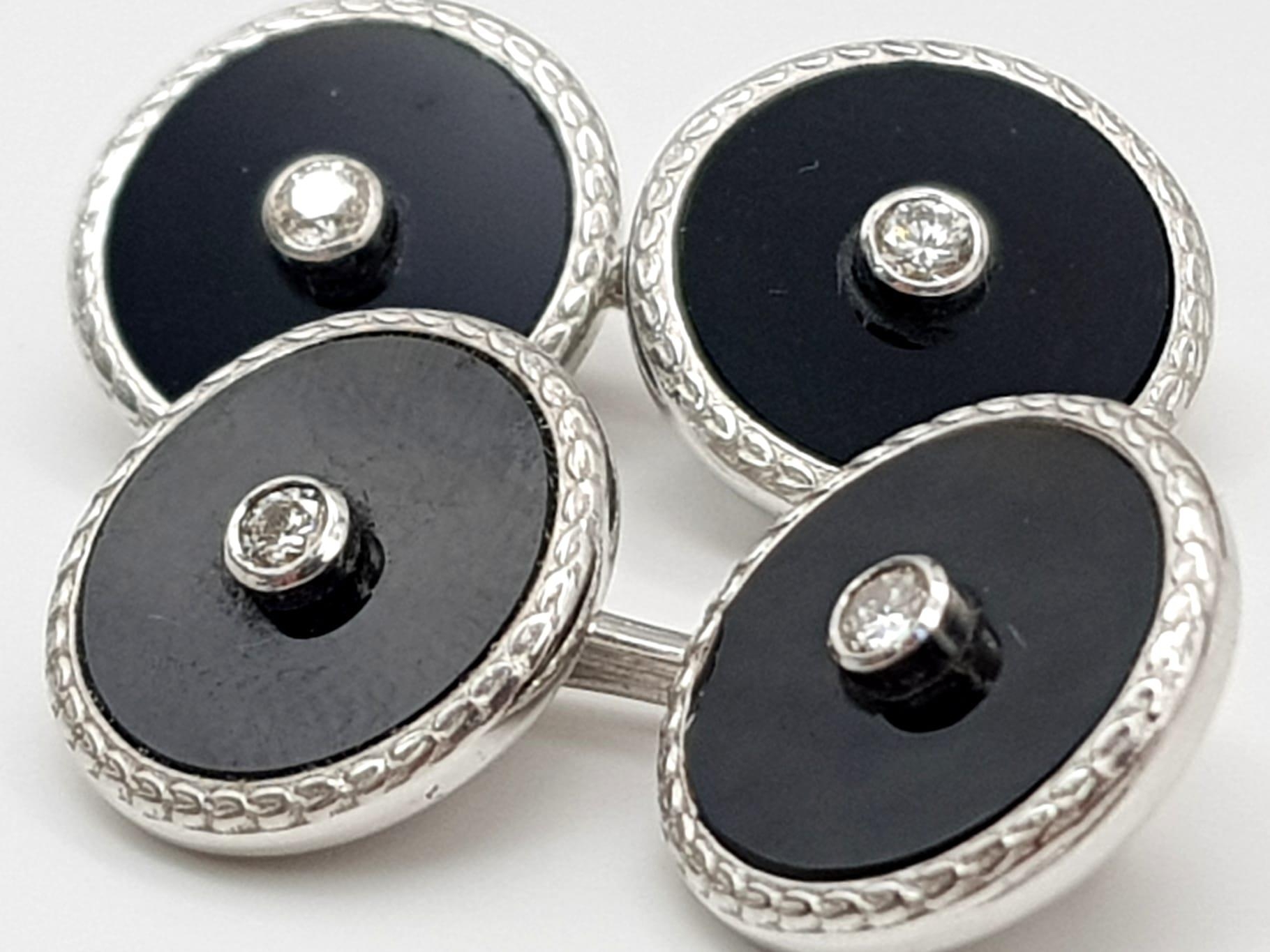 A Pair of Edwardian 18K White Gold Diamond and Onyx Cufflinks. Makers mark of Deakin and Francis. - Image 3 of 5