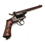 An Antique E. Lefaucheux Pinfire Six Shot Revolver. 16cm barrel. Engraved scrollwork on frame.