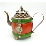 A Chinese Green and Red Jade Tibetan-Silver Teapot. Removable lid with frog and monkey decoration.