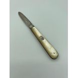 Antique SILVER BLADED FRUIT KNIFE with Mother of pearl handle and Silver cartouche, clear Hallmark