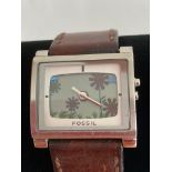 Ladies FOSSIL quartz wristwatch,Model ES 1126 in silver tone.Having TV screen dial with Digital