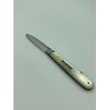 Antique SILVER BLADED FRUIT KNIFE with mother-of-pearl handle and clear hallmark for Samuel Kirby,