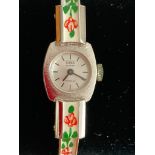 Ladies VINTAGE Sinex GENEVE BRACELET WATCH in silver tone with floral enamelling. Manual winding.