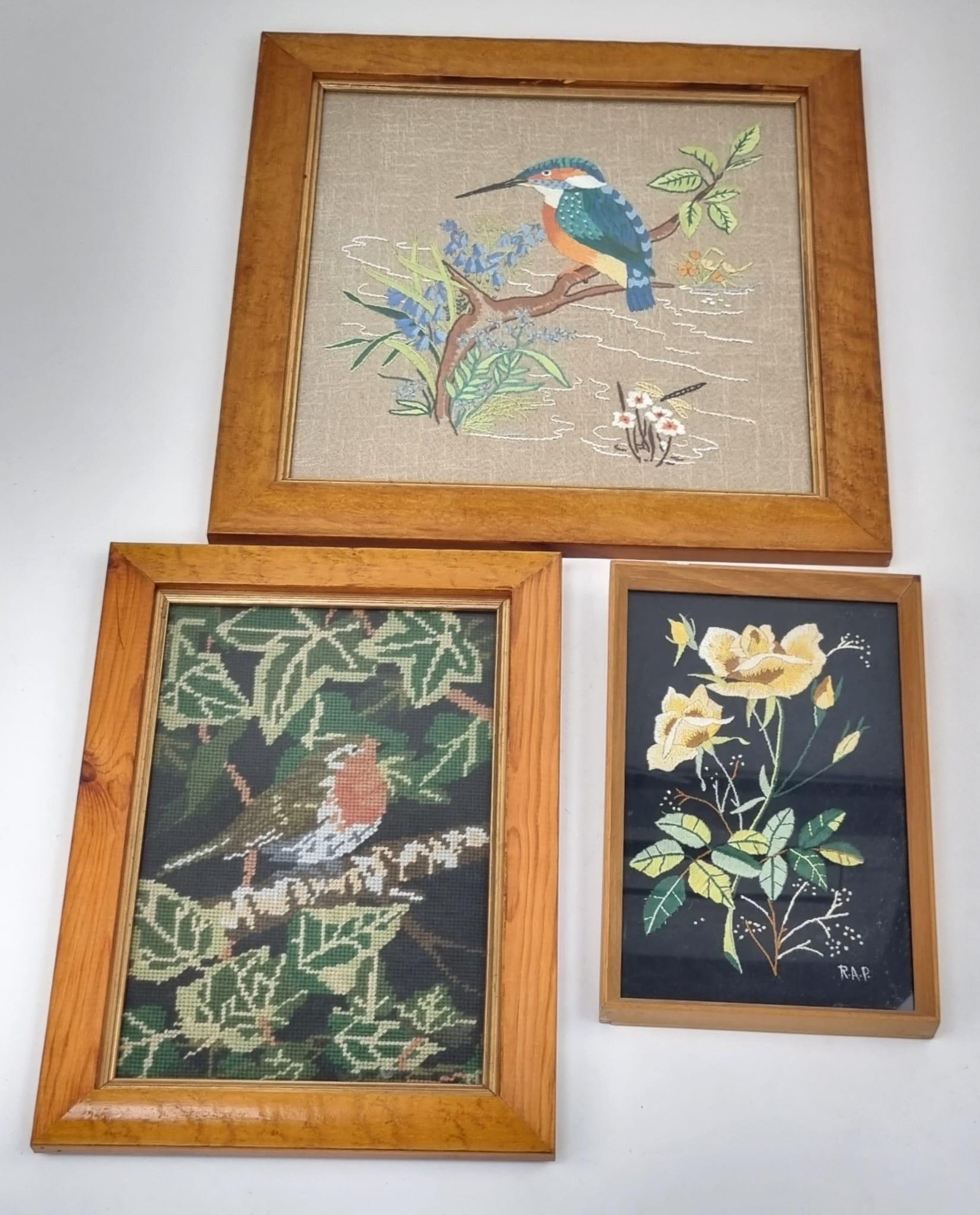 Three Well-Crafted Woven Fabric Artworks. Two Avian inspired and one floral. In frame, largest piece