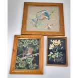 Three Well-Crafted Woven Fabric Artworks. Two Avian inspired and one floral. In frame, largest piece