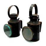 A Pair of Vintage London Transport (LPTB) Hand-Held Railway Oil Lanterns. 31cm tall.