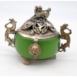 A Chinese Jade and Foo Lion Incense Burner. Detachable lid with Foo Dog at apex. Dragon twin