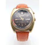 SEIKO BELL-MATIC ALARM, DAY DATE WRIST WATCH ON BROWN LEATHER STRAP AUTOMATIC MOVEMENT.