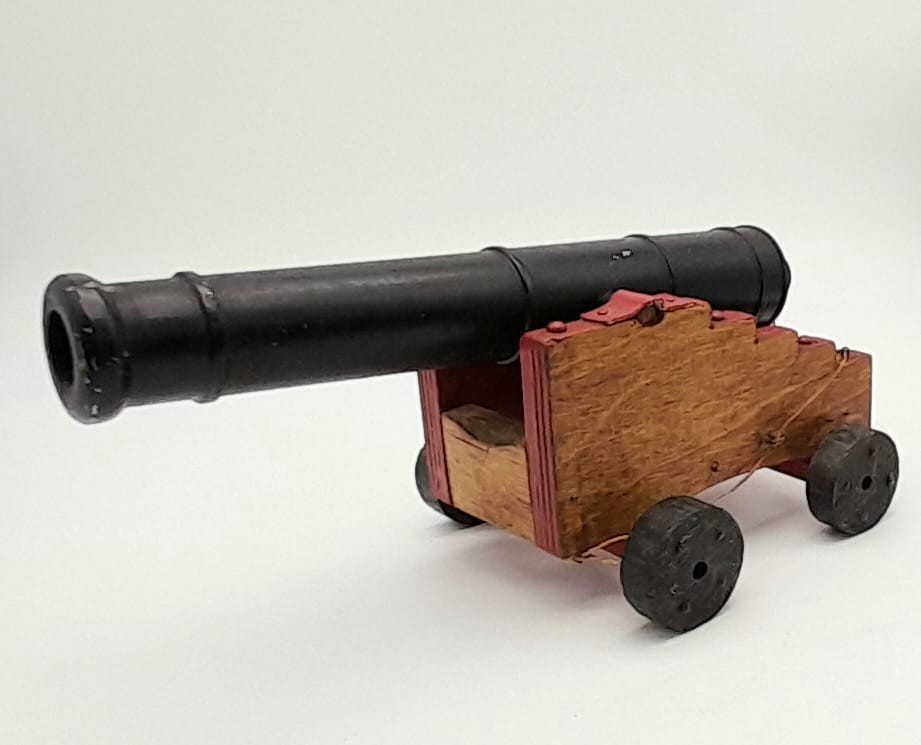 A Vintage Mid 20th Century Cast Iron and Wood Scratch Built Cannon 24cm Length.