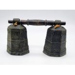 A Pair of Vintage or Antique Buddhist Temple Bells, Metal and Wood Construction. 21cm Length