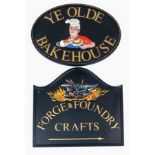 Two Colourful Vintage Wood Business Signs. Ye Olde Bakehouse and Forge and Foundry Crafts. Both have