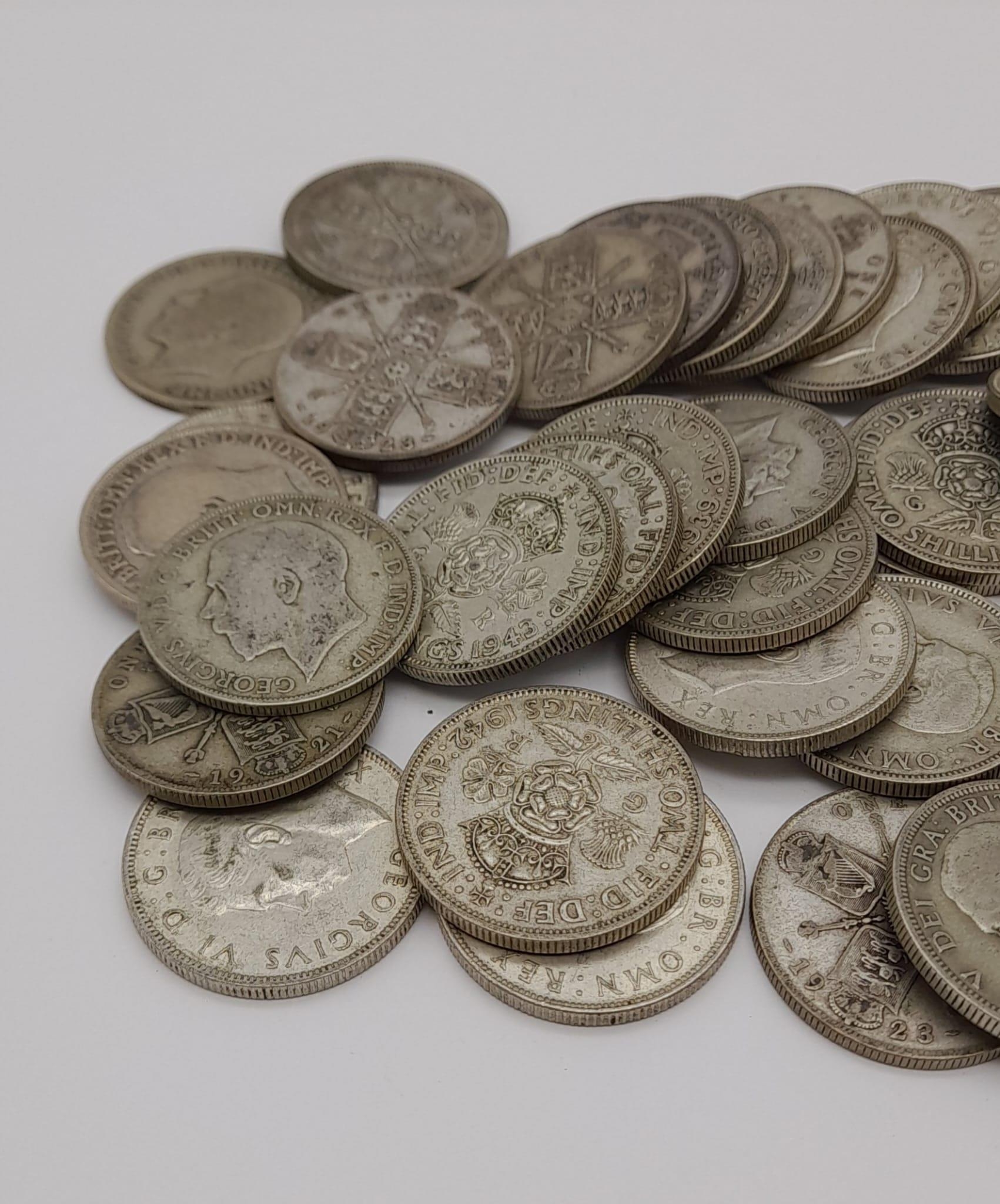 A Lot of Pre 1947 Silver Two Shilling (Florin) Coins. 534g total. - Image 2 of 3