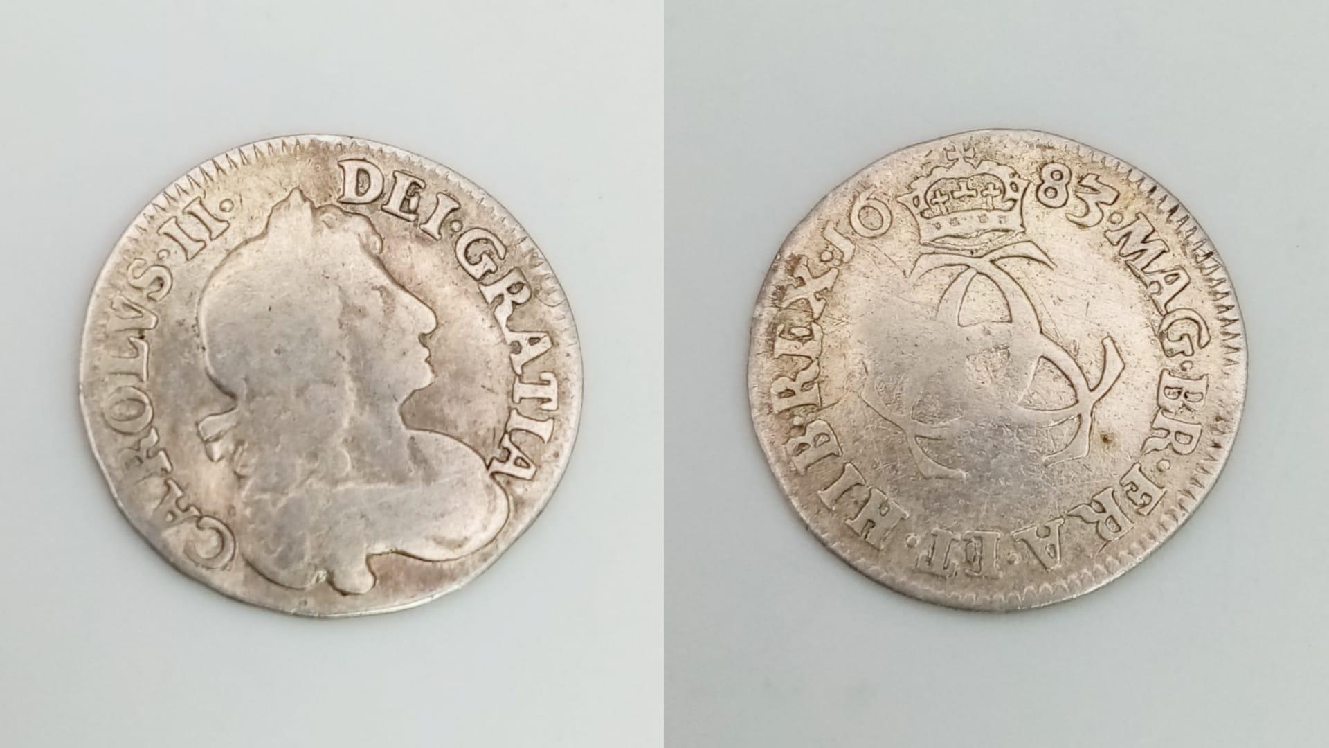 A Charles II 1683 Silver Threepence Coin. S3386. Please see photos for conditions.