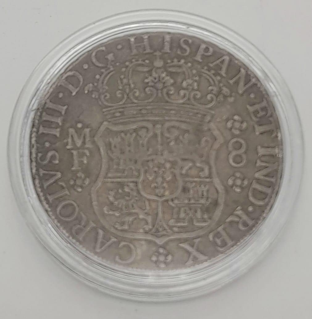 A Silver 1767 Mexican Pillar Dollar Coin with Graffiti. Please see photos for overall conditions. - Image 2 of 2