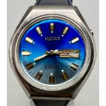 A Vintage Ricoh Ice Blue 21 Jewel Automatic Gents Watch. Blue leather strap. Ice blue dial with