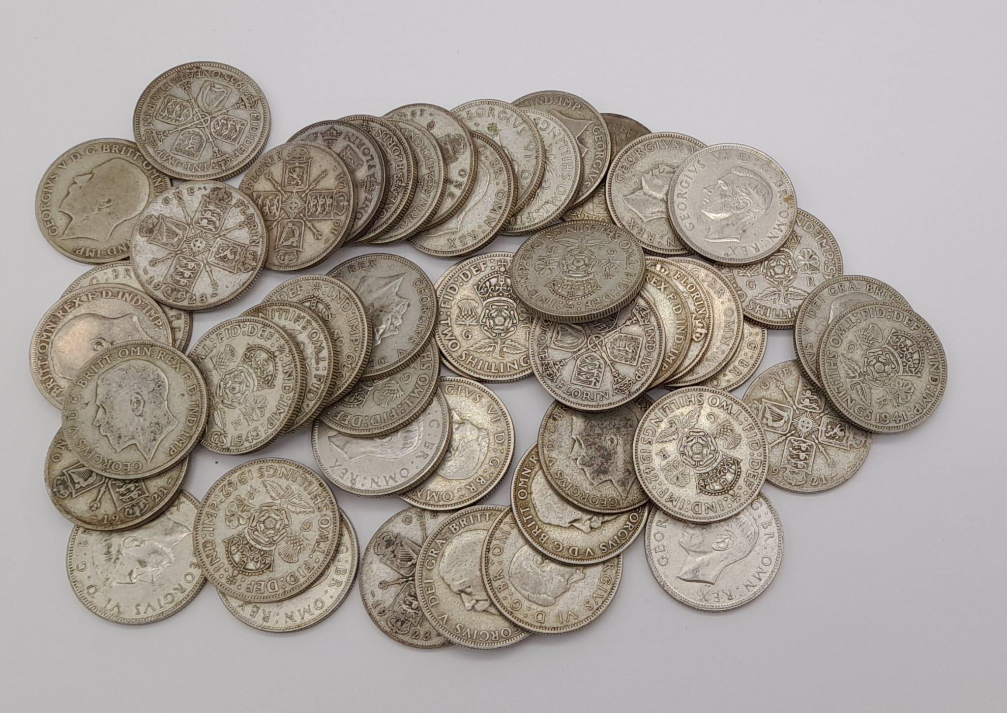 A Lot of Pre 1947 Silver Two Shilling (Florin) Coins. 534g total.