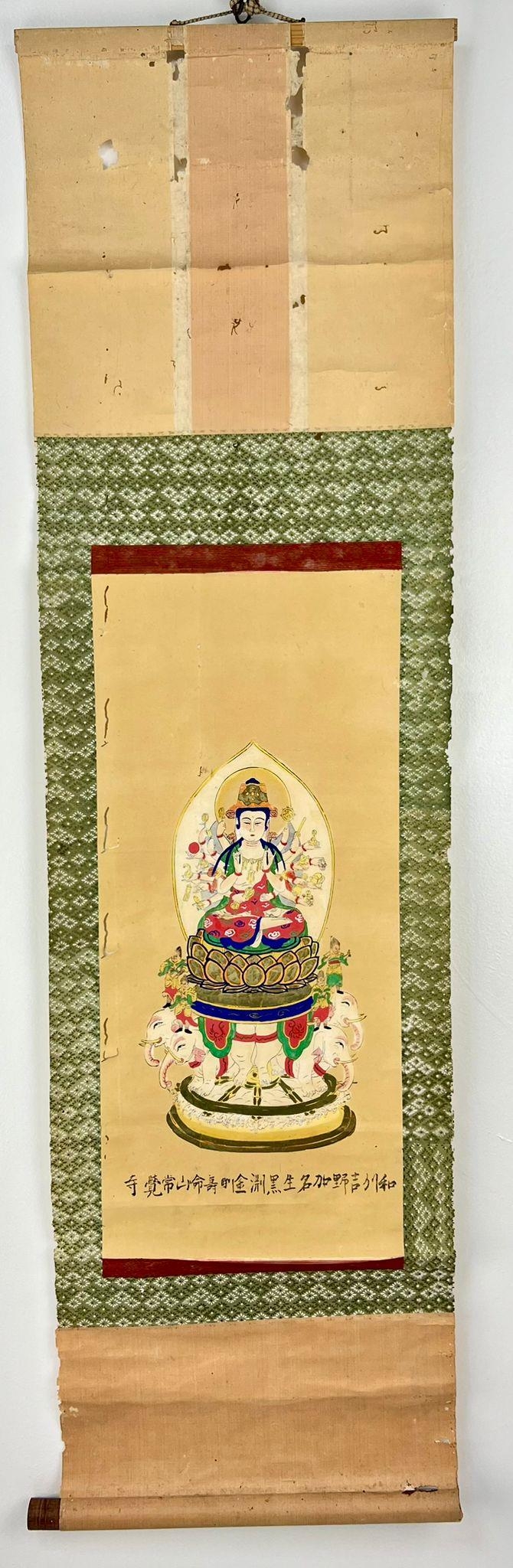 A VERY RARE HAND PAINTED BUDDHIST SCROLL 122 X 34cms OVER 300 YEARS OLD SO A/F.