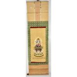 A VERY RARE HAND PAINTED BUDDHIST SCROLL 122 X 34cms OVER 300 YEARS OLD SO A/F.