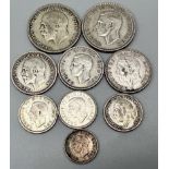 SELECTION OF 9 COINS, 3 X 1 SHILLING 1926, 1935, 1946 & 3 X 6 PENCE 1927, 1938, 1944 & 1937 3 PENCE,