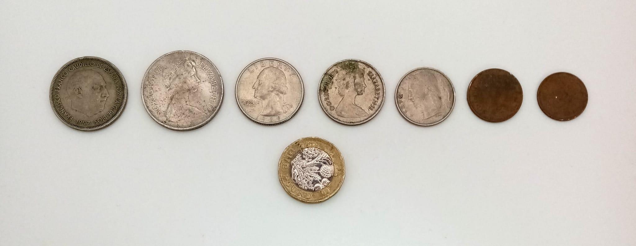 COLLECTION OF OLD COINS 1979 5P, 1957 25 PTAS, 1975 10P, 1973 1/2 PENNY, 1980 1 CANCANDIAN CENT, - Image 2 of 2