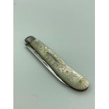 Antique SILVER BLADED FRUIT KNIFE with beautifully engraved mother of pearl handle, having clear