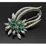 18K WHITE GOLD DIAMOND & EMERALD FANCY SPRAY BROOCH 10.29G