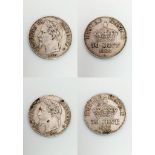 Two French 50 Centine Silver Coins - 1866A and 1867A. Please see photos for conditions.