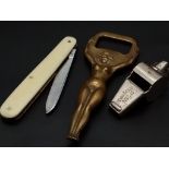 A Parcel of 3 Vintage (Mid 20th Century) Items Comprising; An Acme Whistle, Bone Grip Pen Knife, and