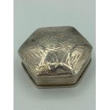 Vintage SILVER PILL BOX in hexagonal form having engraved lid. Hinge in perfect condition. 3cm x