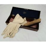 An Antique Victorian Wood and Brass Lined Glove Box with Contents Comprising: Chamois Gloves and