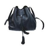 A Mulberry Minnie Millie Grainy Black Leather Bag. Tasselled drawstring closure. Shoulder strap.