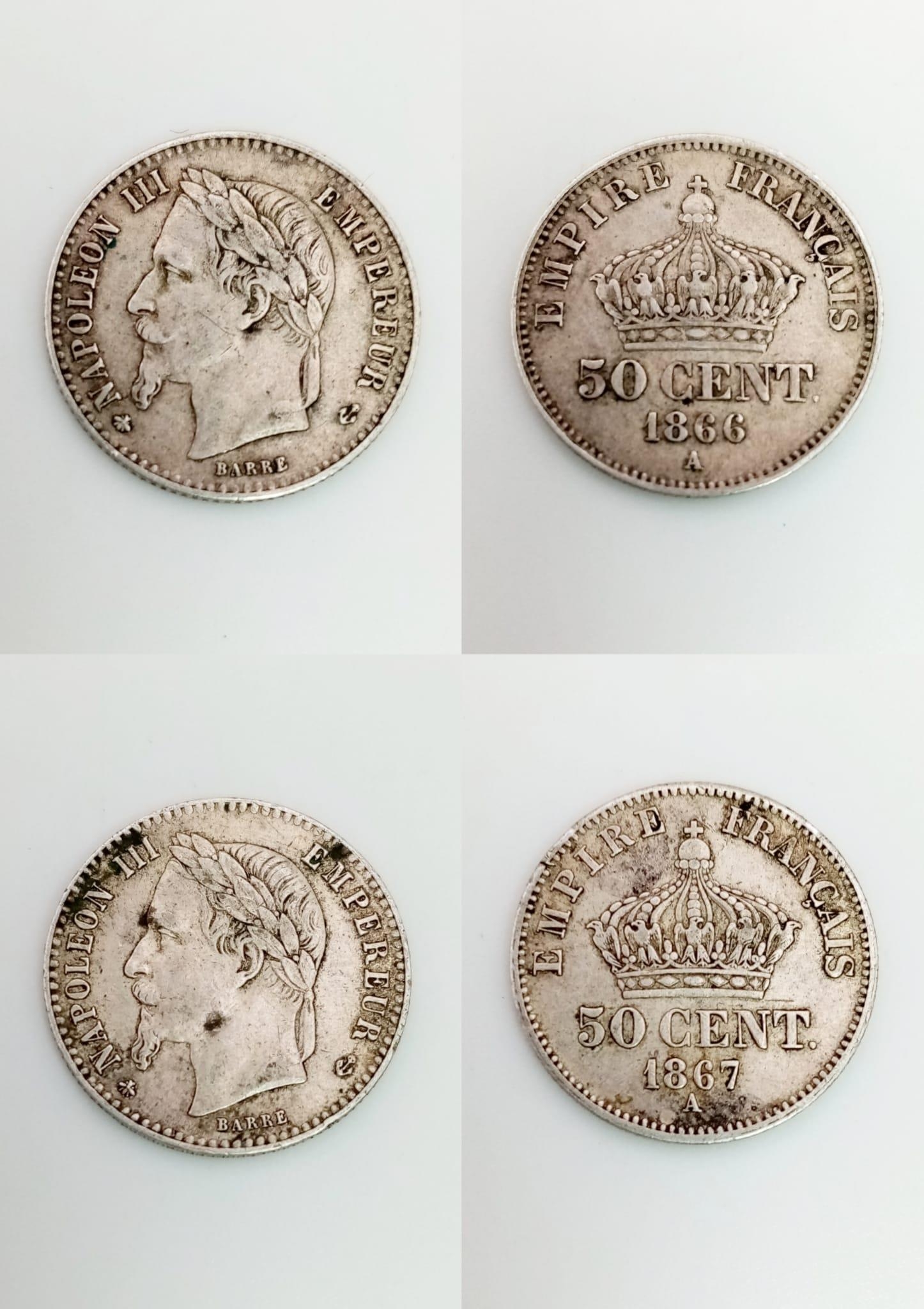 Two French 50 Centine Silver Coins - 1866A and 1867A. Please see photos for conditions. - Image 2 of 4