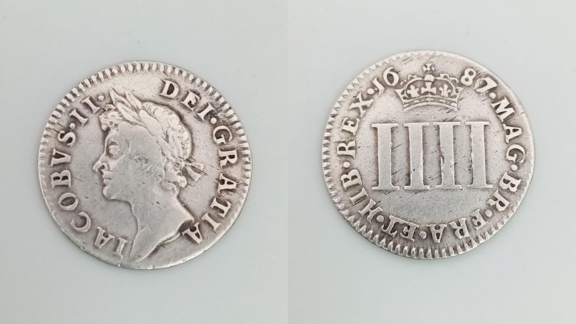 A James II 1687/6 Silver Fourpence Coin. S3414. Please see photos for conditions.