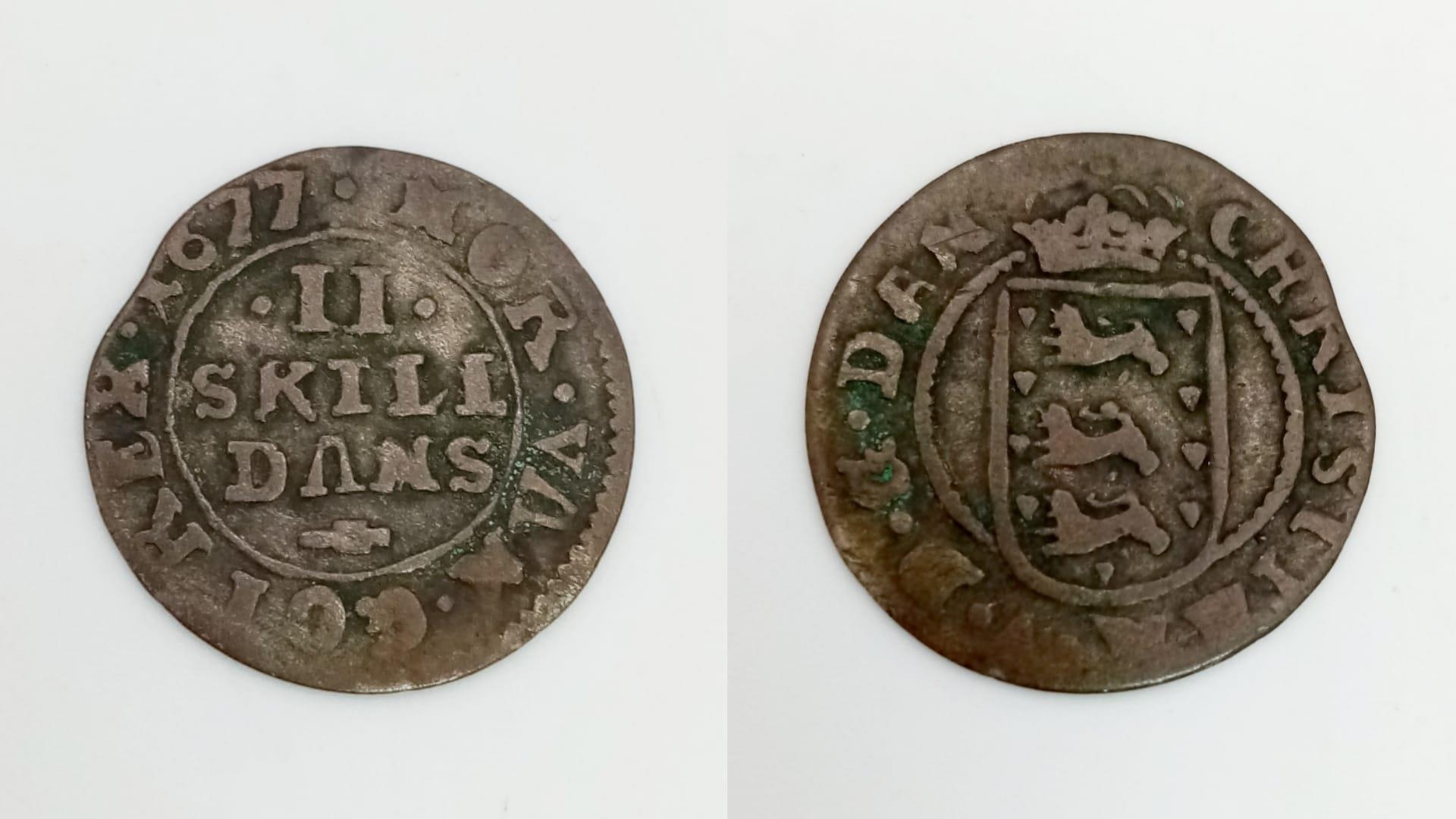 A Danish 1677 Silver Two Skilling Dansk Coin.