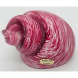 A vintage, large, handmade and mouth-blown, cranberry and white glass snail made by Wedgwood,
